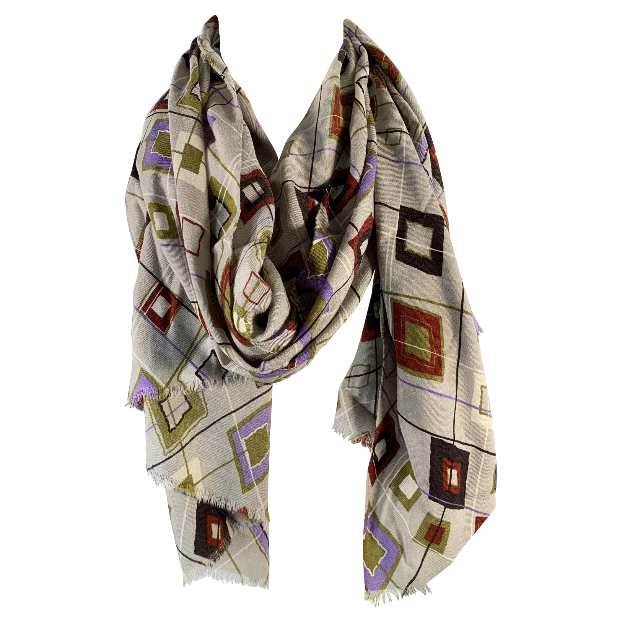 ETRO Écharpe à franges en laine et soie grise multicolore Argyle