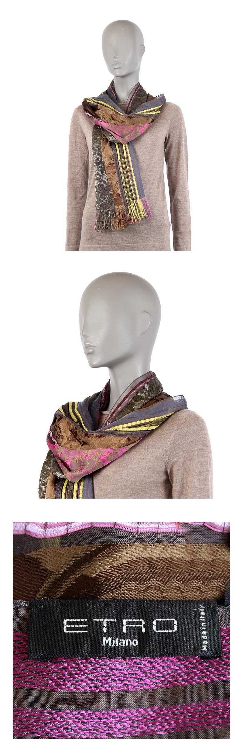 Brown ETRO grey pink yellow wool blend ETHNIC Oblong Scarf Shawl