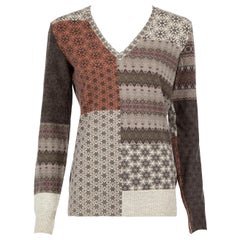 Etro Grey Wool Knit Patchwork Print V-Neck Jumper Size M