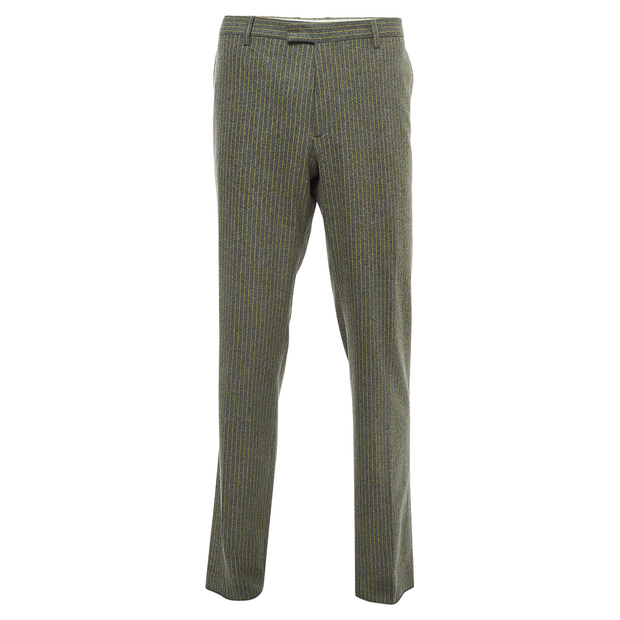 Etro Grey/Yellow Striped Wool Blend Trousers XXXL For Sale