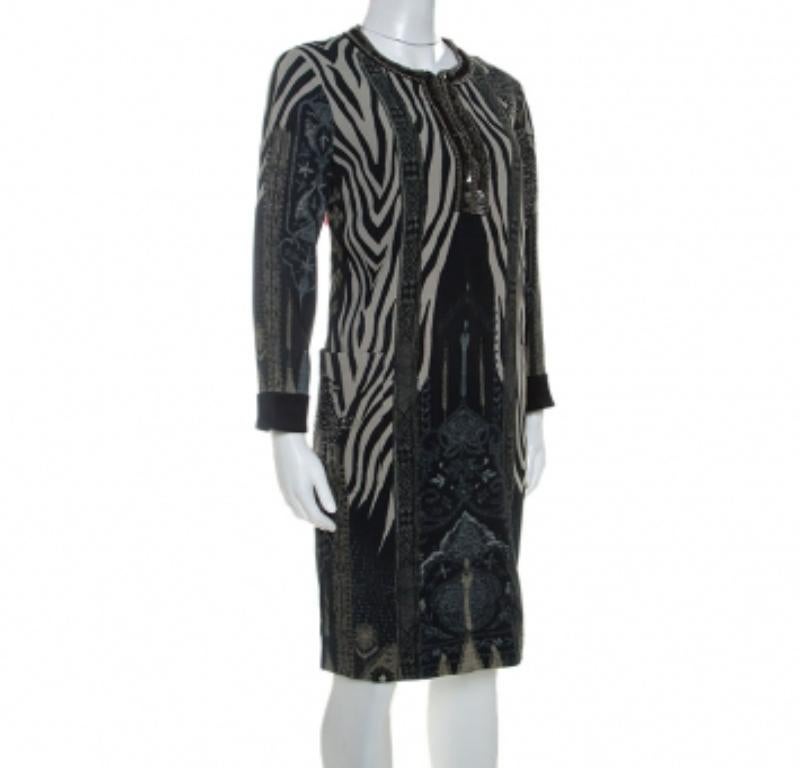 Donna Etro Grey Zebra Print Embellished Neckline Shift Dress M in vendita