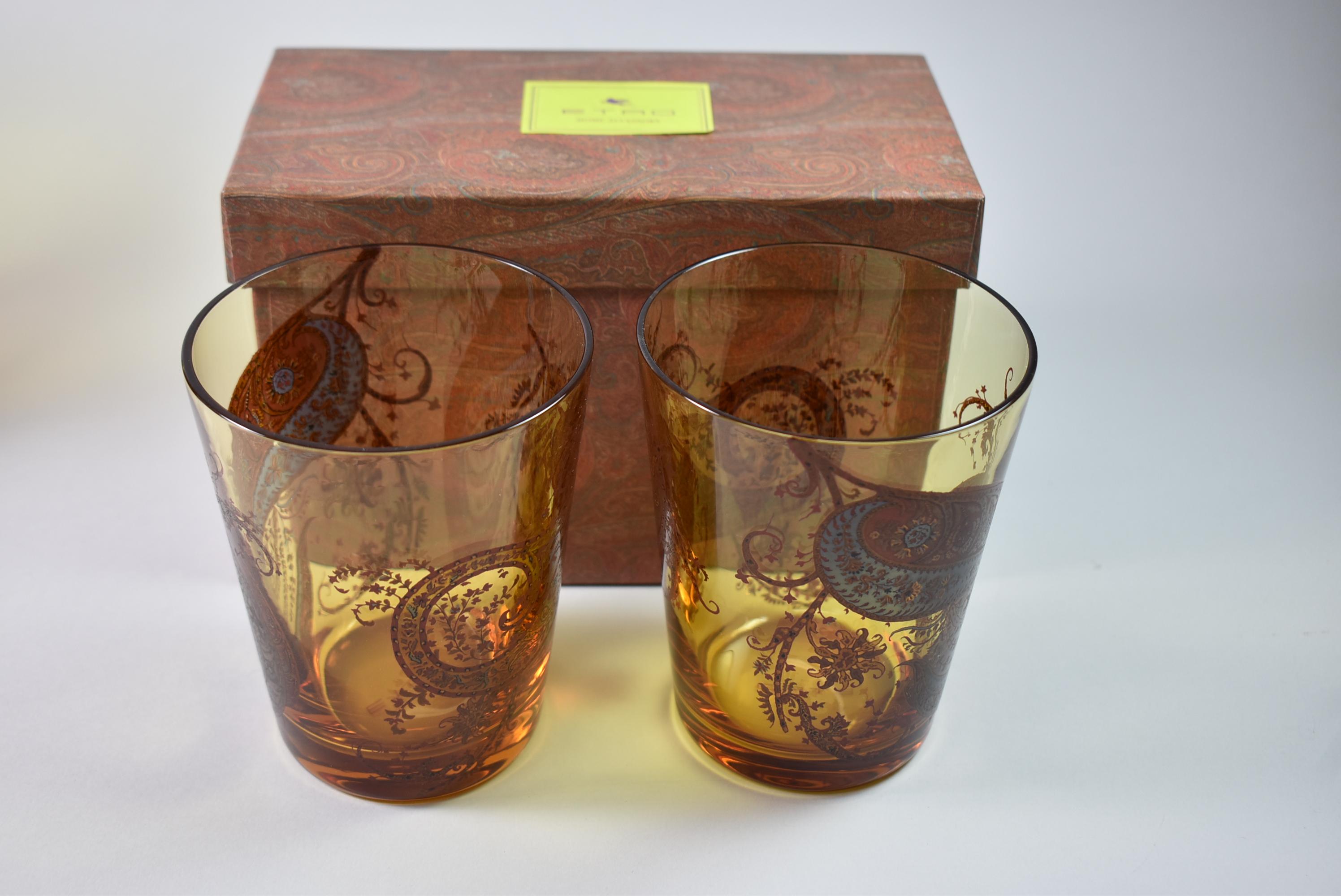 Etro Home Accessories paisley pattern pitcher with two glasses. Very nice condition. Serving tray with same pattern is available in additional listing. Glasses measure 4.5