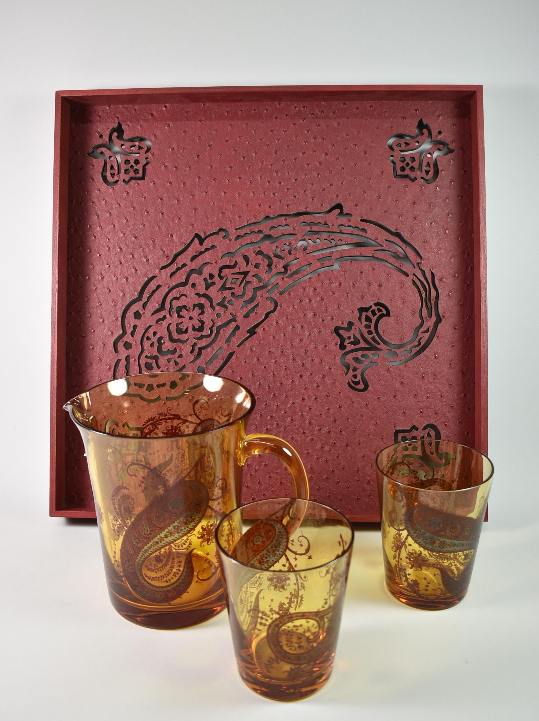 European Etro Home Accessories Italian Glass Paisley Pitcher Two Goblets For Sale