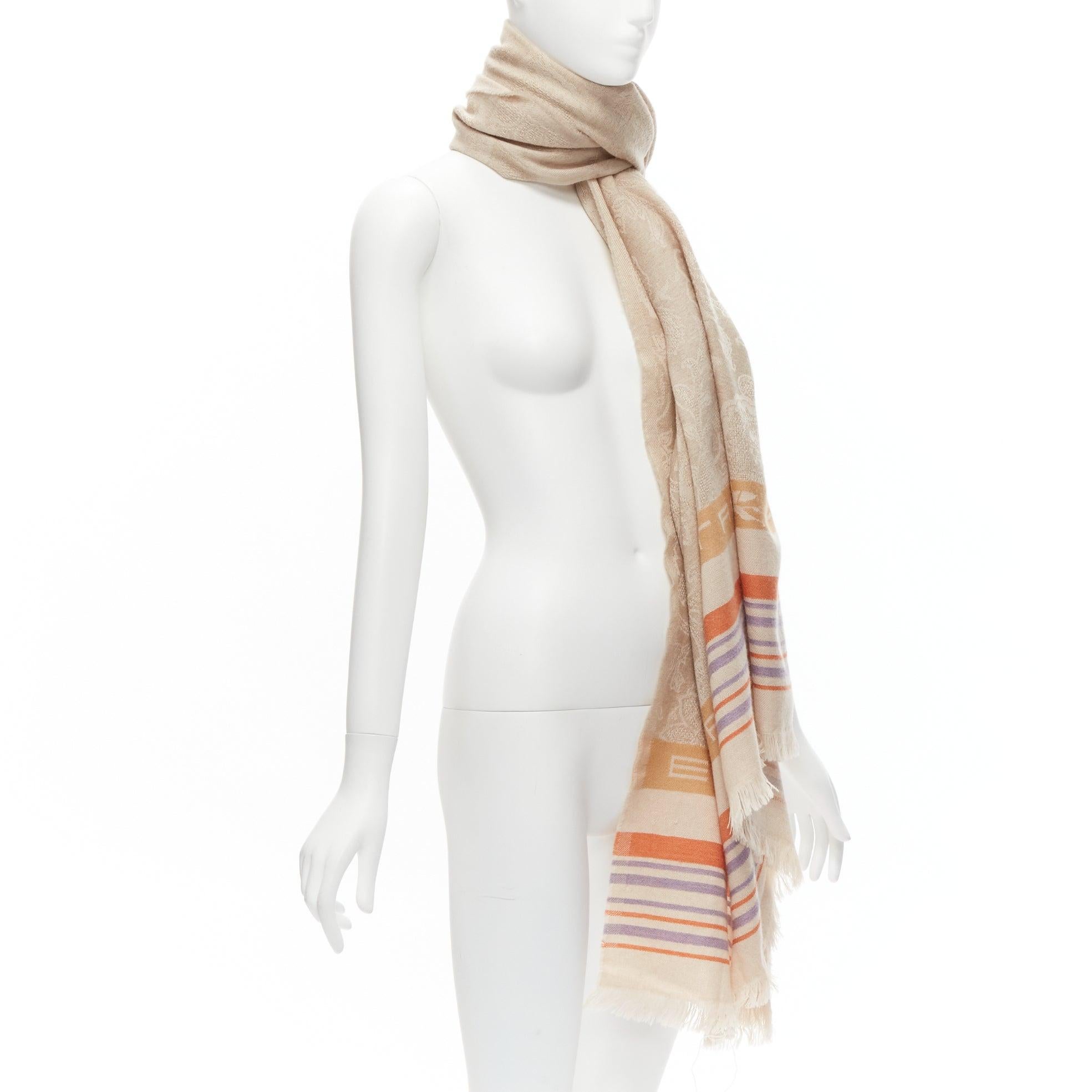 Beige ETRO Home Collection 100% merino wool beige logo stripes fringe scarf For Sale