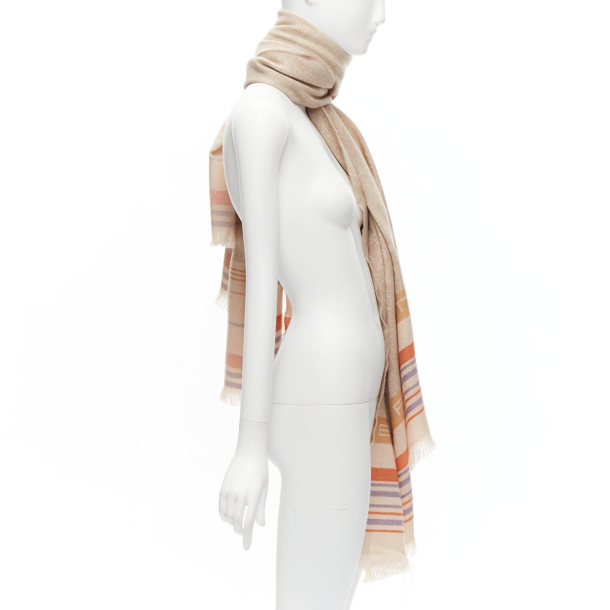 ETRO Home Collection 100% merino wool beige logo stripes fringe scarf In Good Condition For Sale In Hong Kong, NT