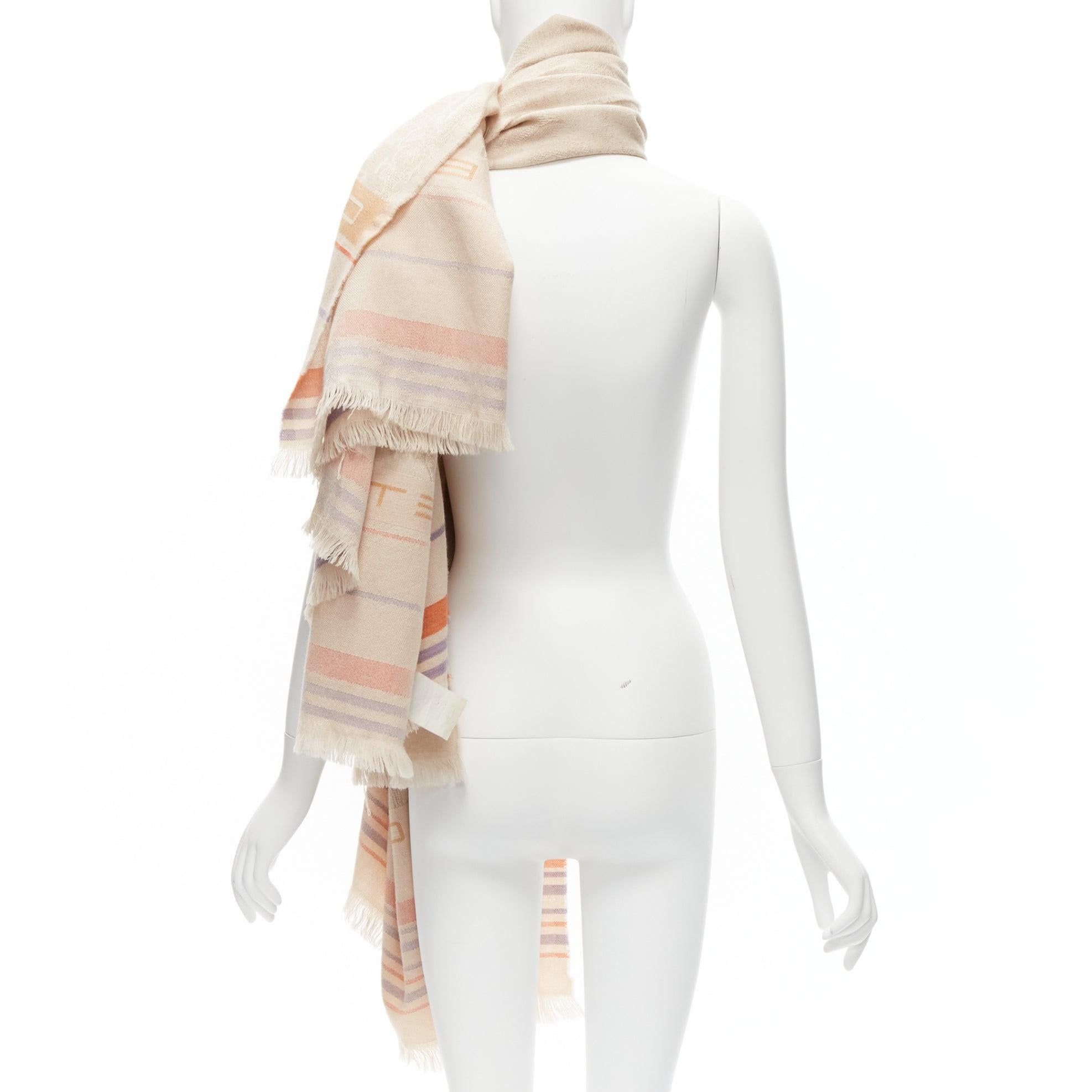Women's ETRO Home Collection 100% merino wool beige logo stripes fringe scarf For Sale