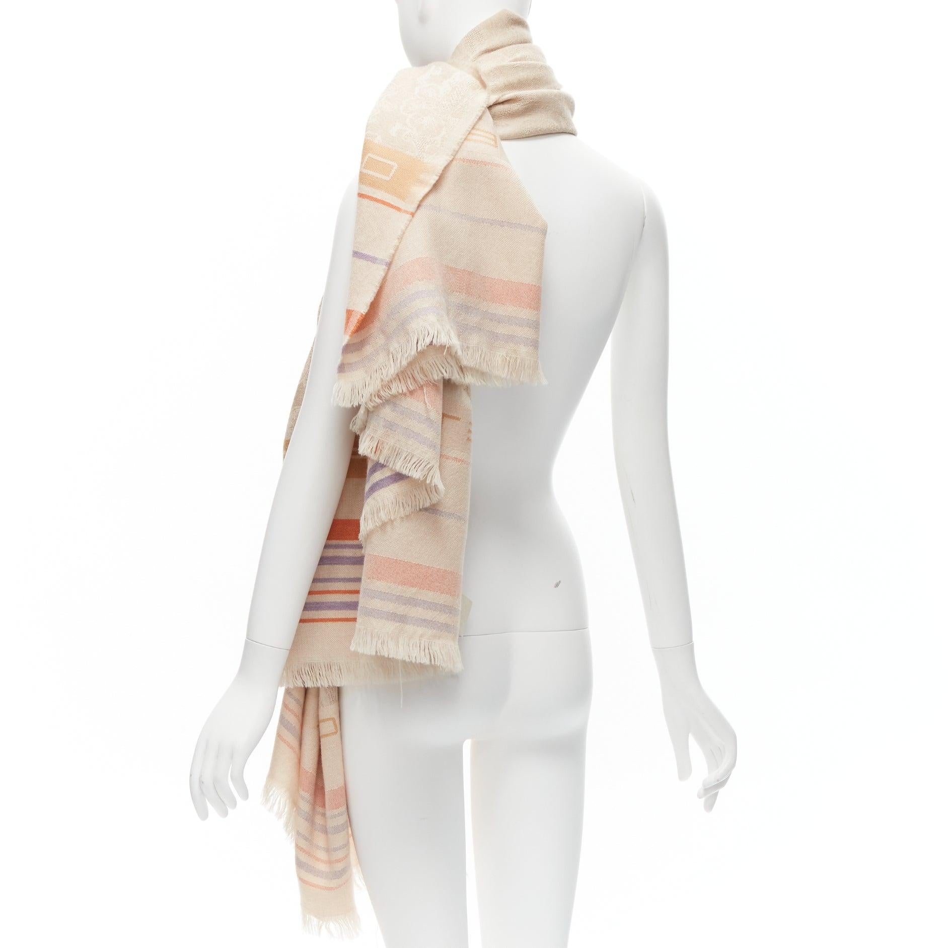 ETRO Home Collection Bufanda 100% lana merina beige a rayas con logo y flecos en venta 1