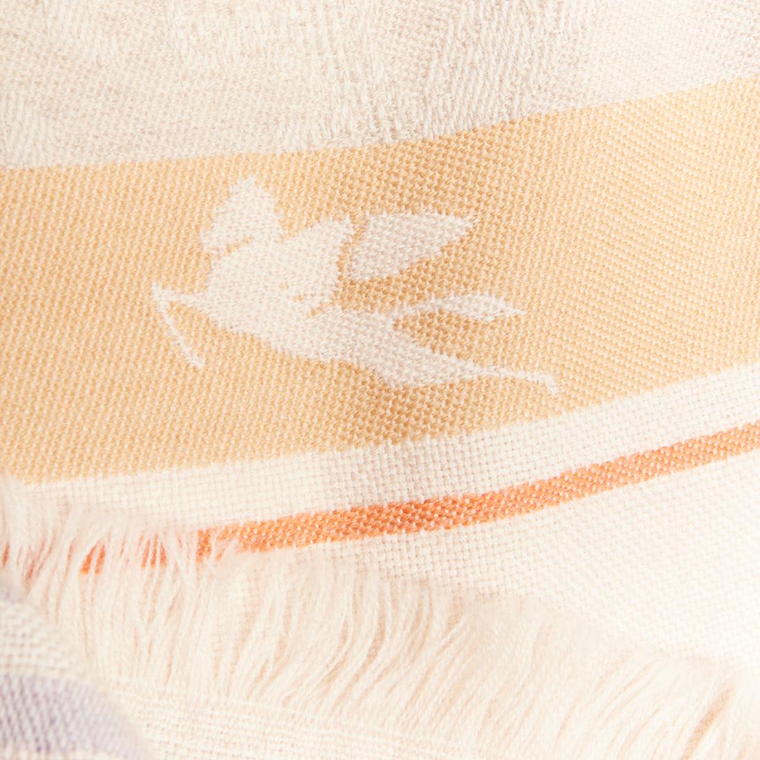 ETRO Home Collection 100% merino wool beige logo stripes fringe scarf For Sale 3