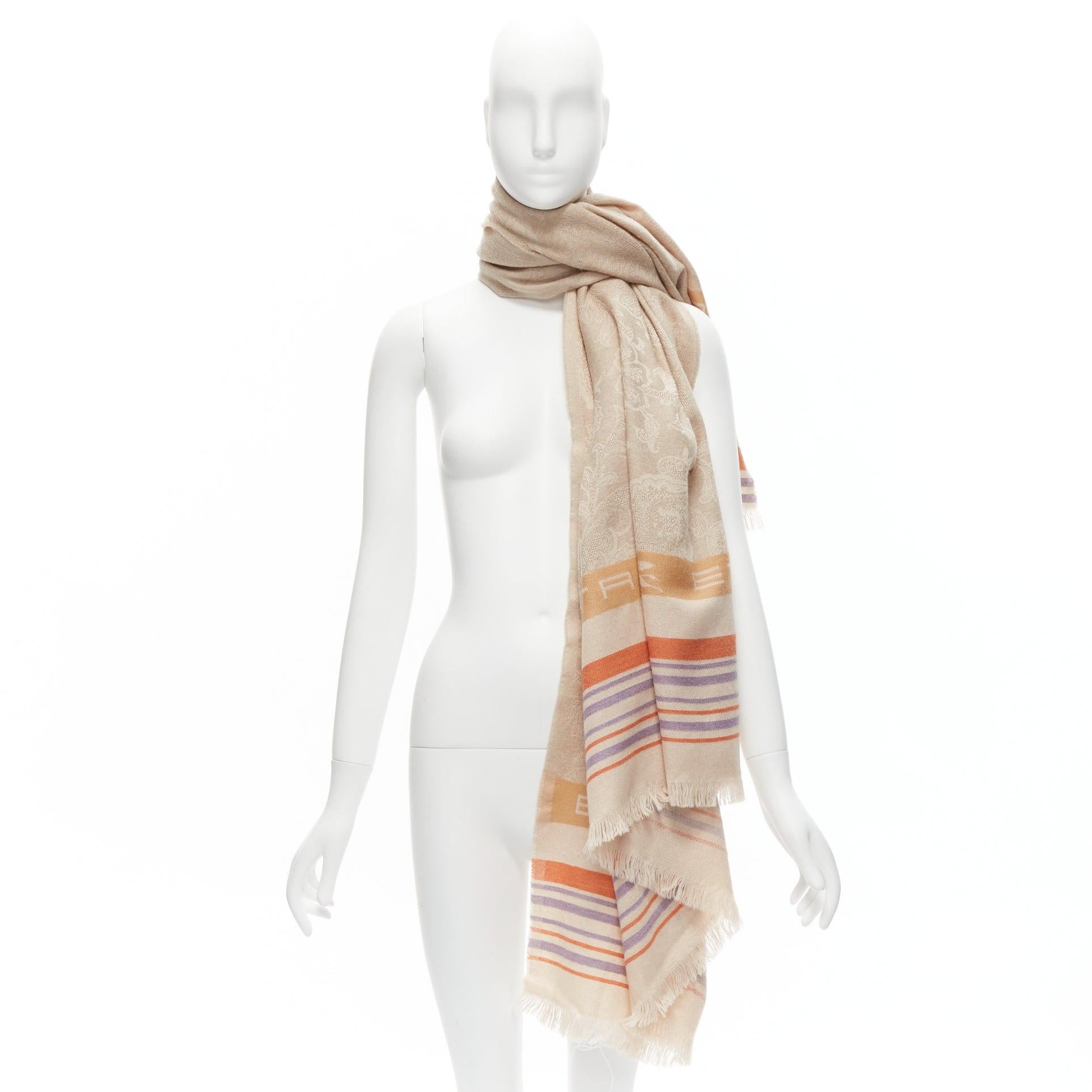 ETRO Home Collection Bufanda 100% lana merina beige a rayas con logo y flecos en venta 4