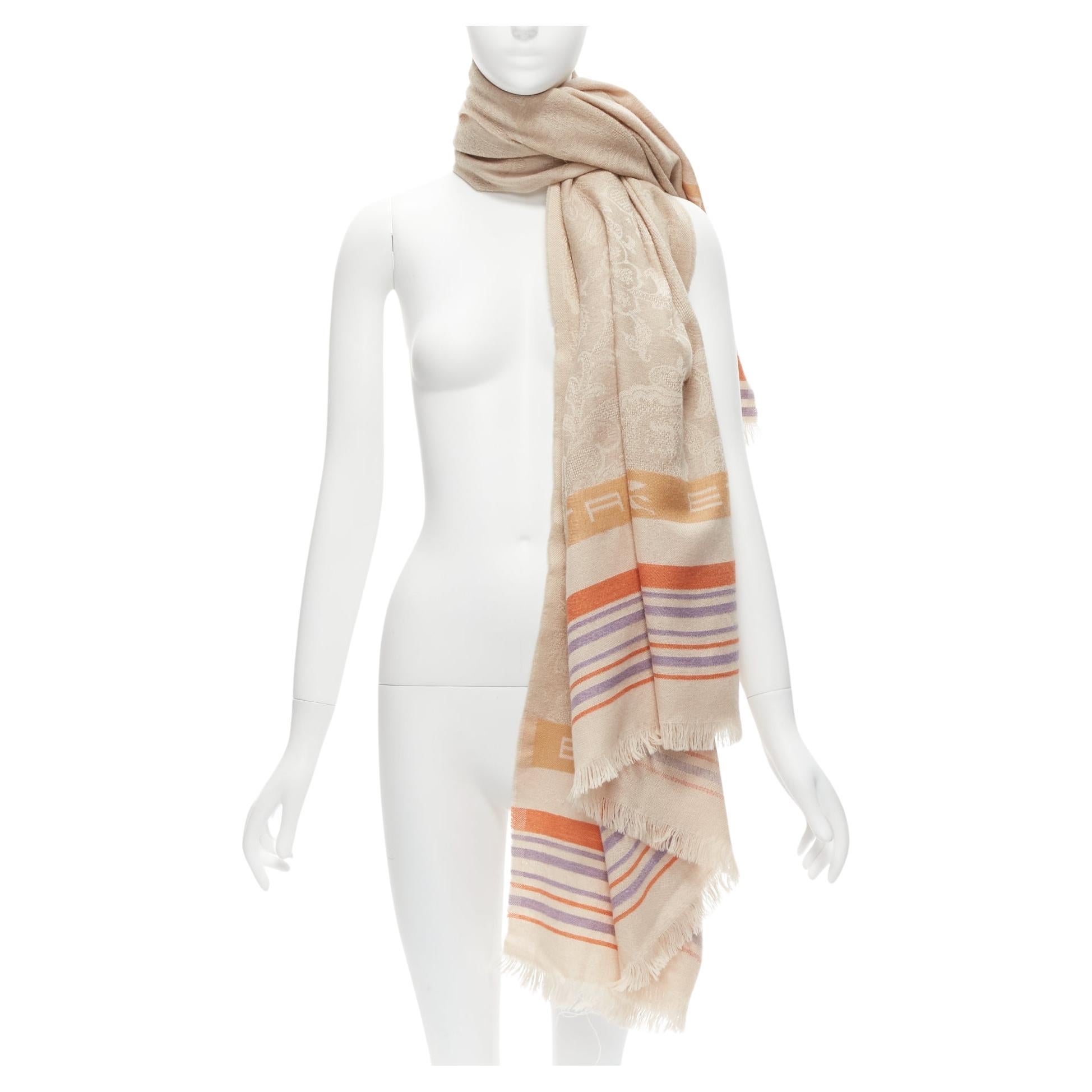 ETRO Home Collection 100% merino wool beige logo stripes fringe scarf For Sale