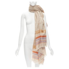 ETRO Home Collection 100% merino wool beige logo stripes fringe scarf