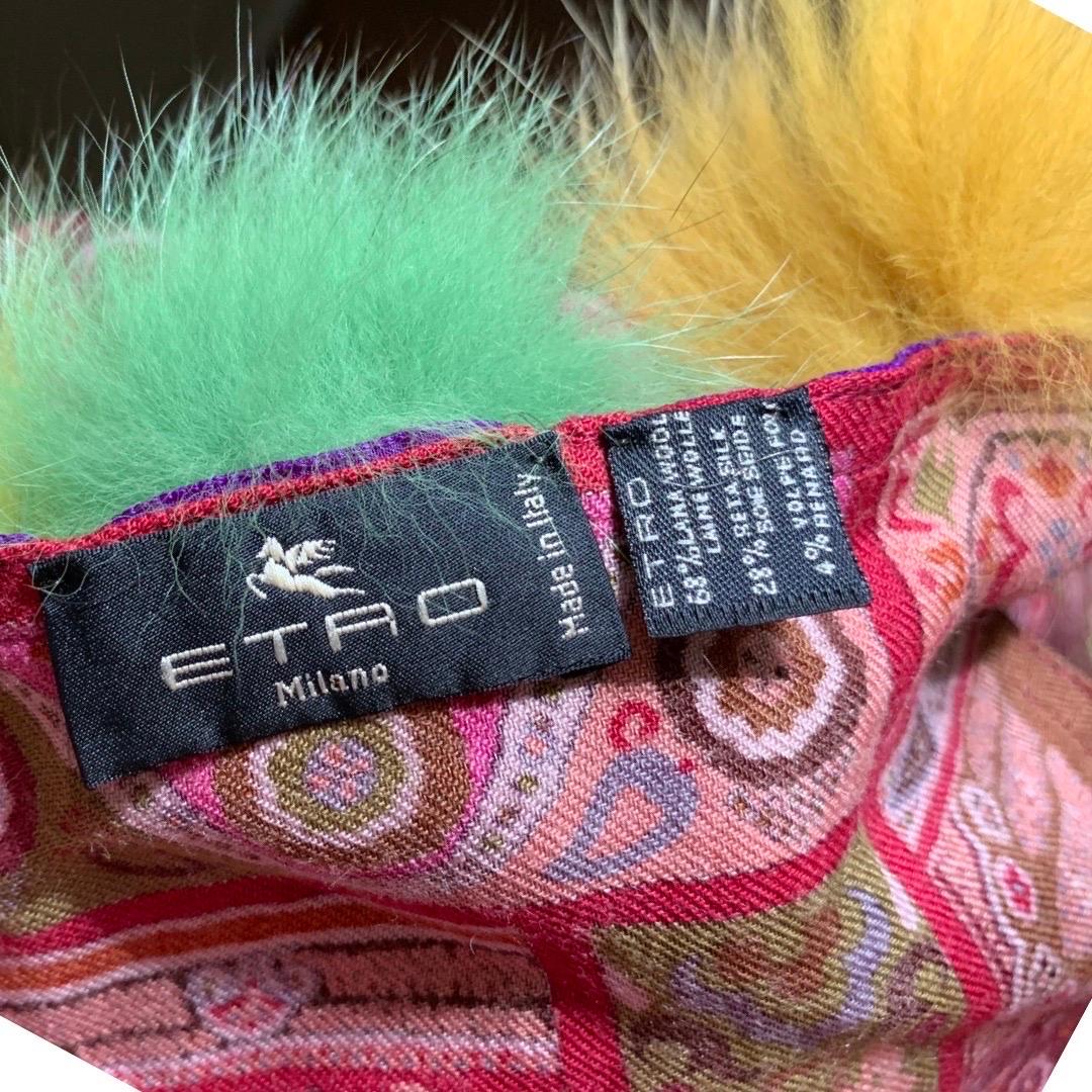 Etro Italy Signature Paisley Print in Wool/Silk w/ Multi Color Fox Fur Trim  For Sale 13