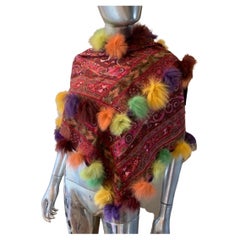 Etro Italy Signature Paisley Print in Wool/Silk w/ Multi Color Fox Fur Trim