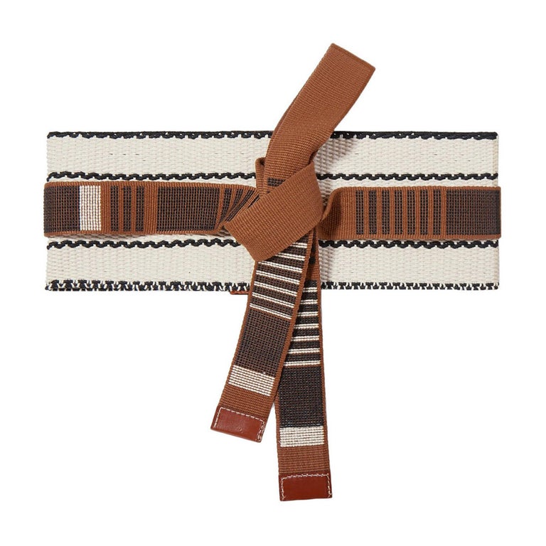 Etro Leather Trimmed Brown/Cream Embroidered Cotton-Canvas Waist Belt SZ  Medium For Sale at 1stDibs