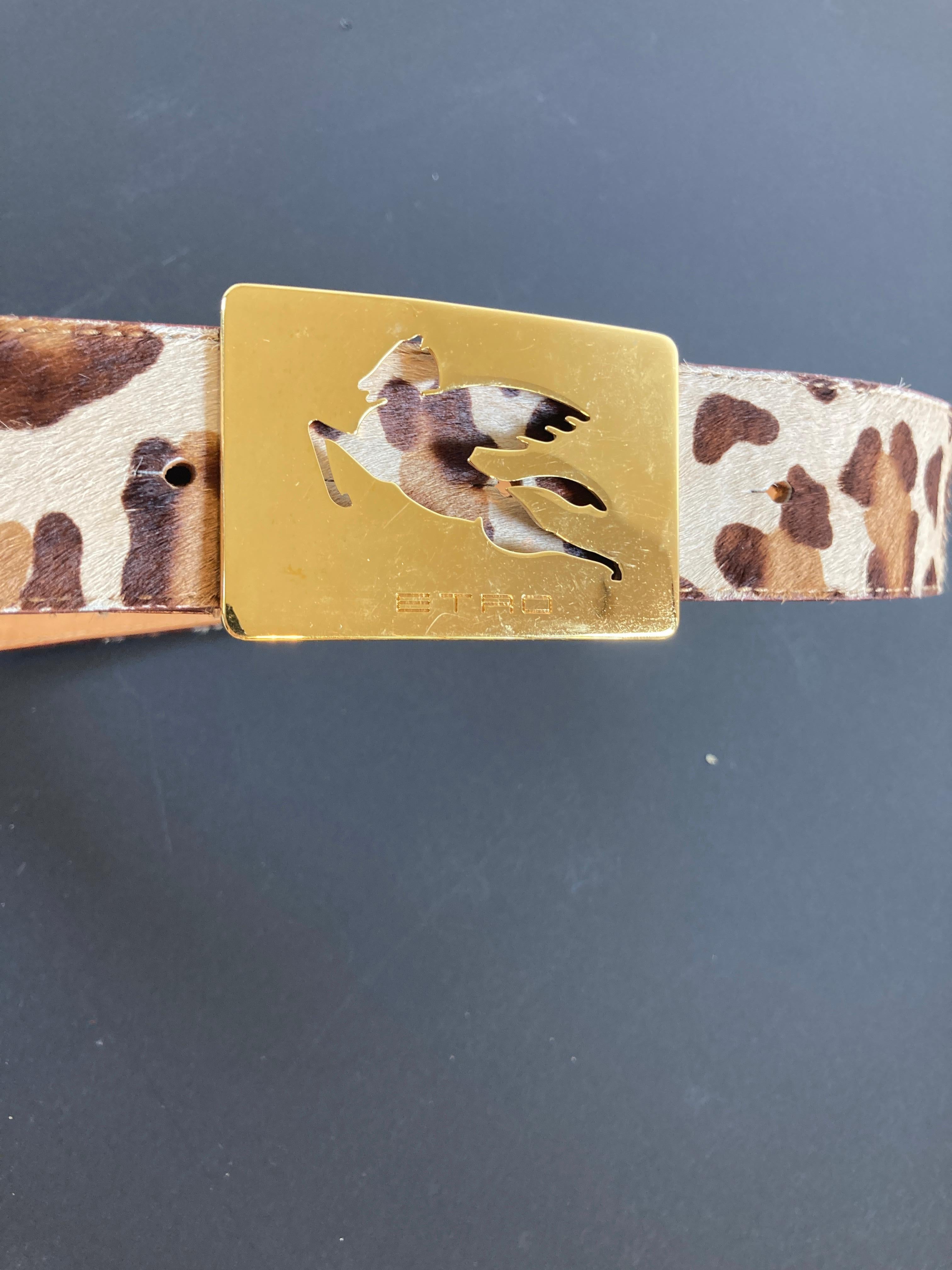 20th Century ETRO Leopard-Print Leather Belt with the Iconic Pegaso Brass Buckle For Sale