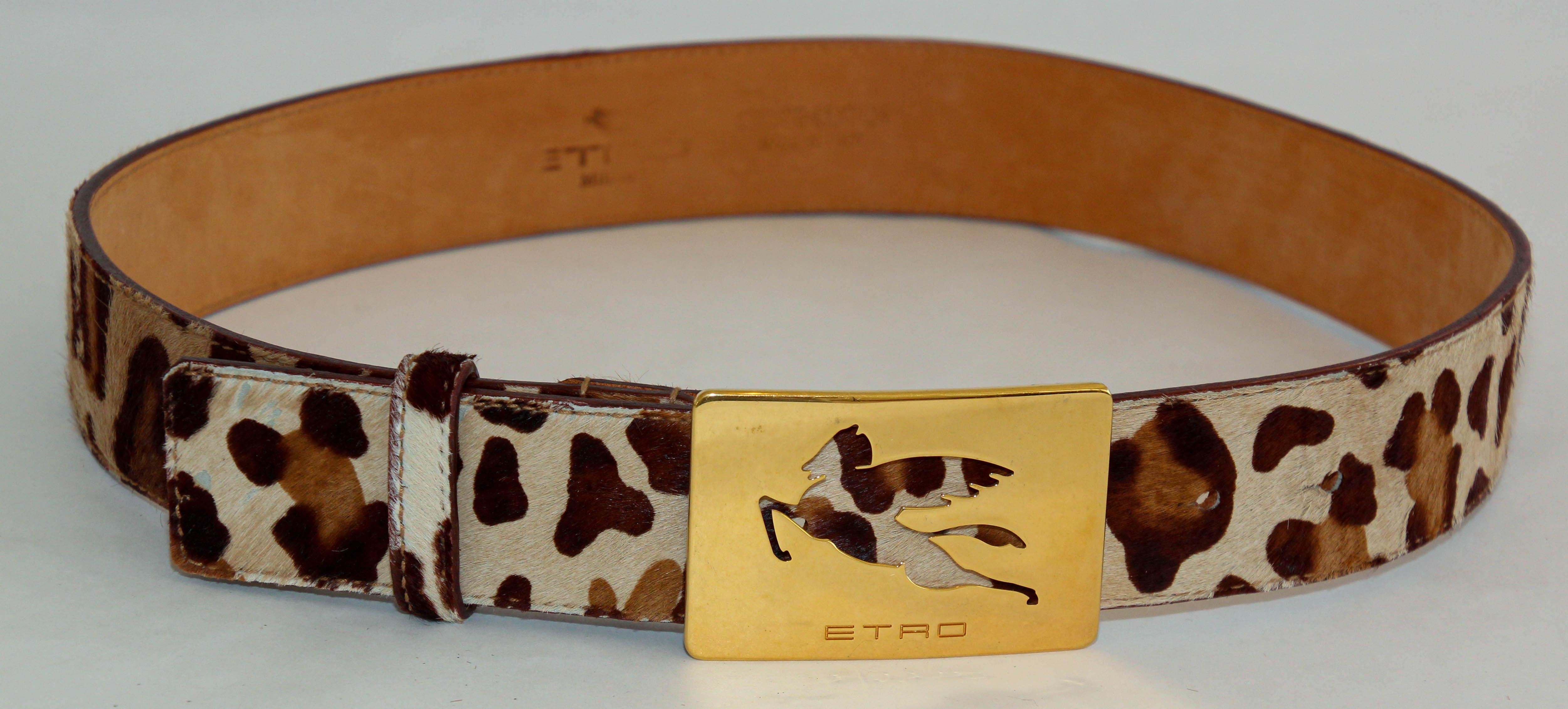 ETRO Ceinture en cuir imprimé léopard avec boucle en laiton emblématique de Pegaso en vente 7