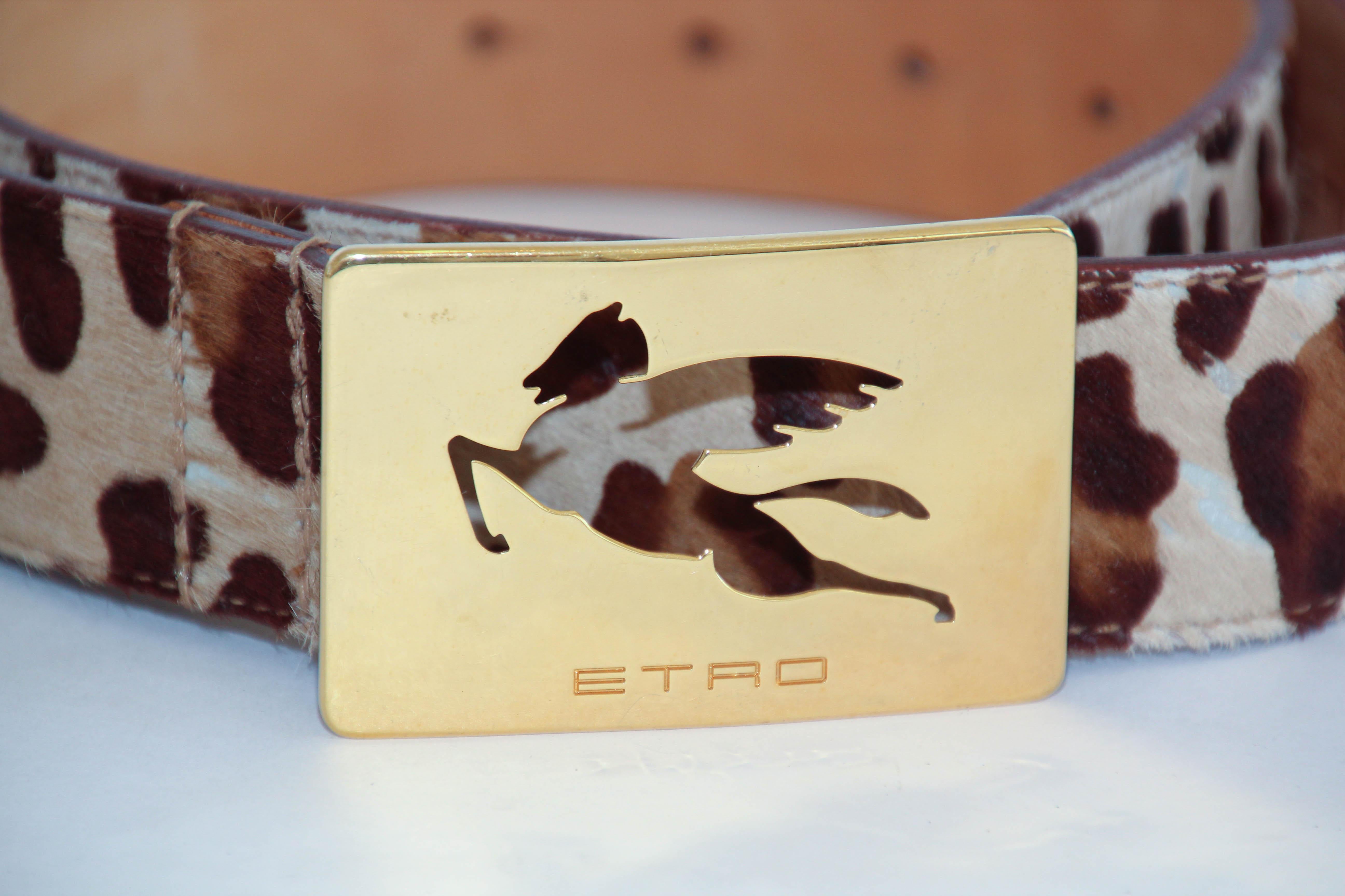 Beige ETRO Ceinture en cuir imprimé léopard avec boucle en laiton emblématique de Pegaso en vente