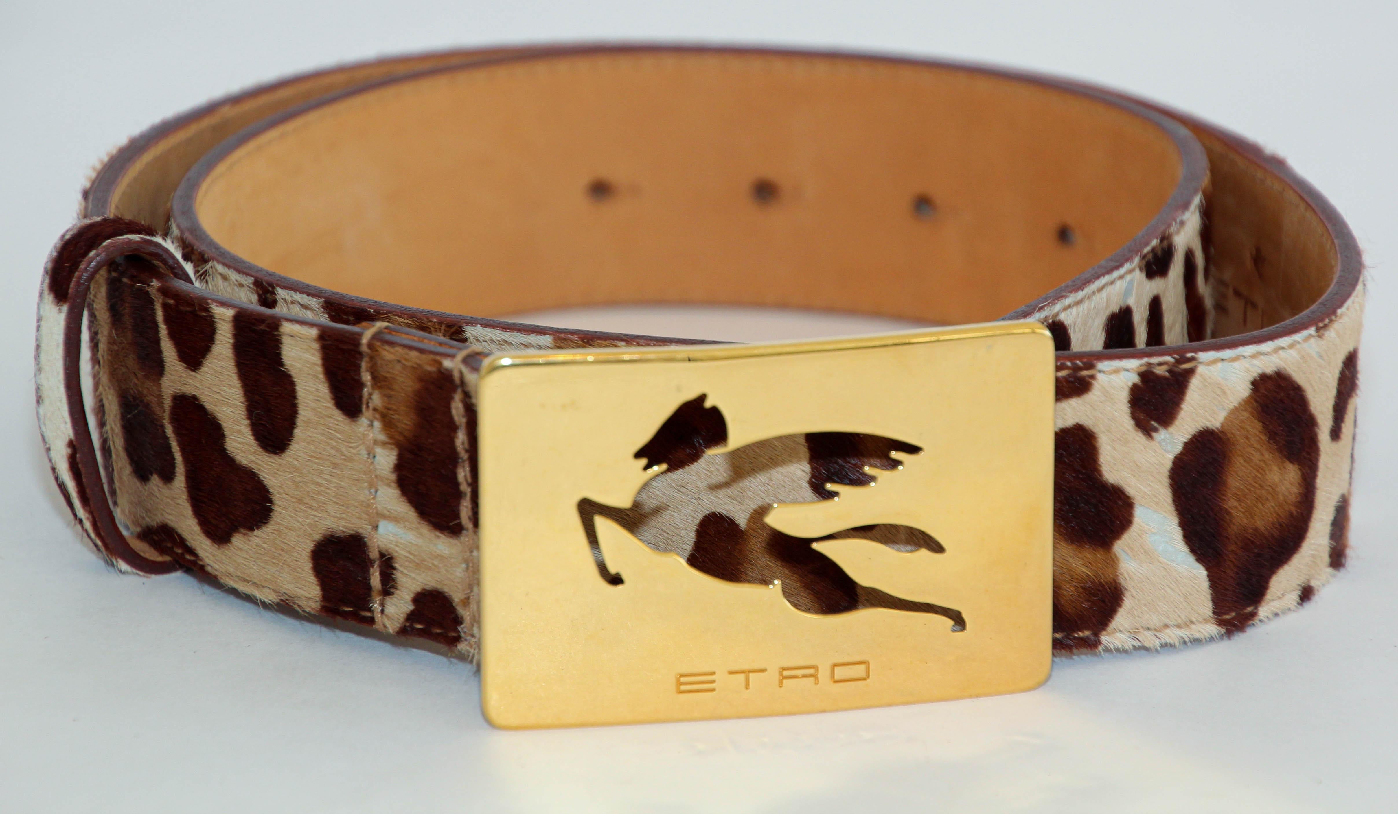 ETRO Ceinture en cuir imprimé léopard avec boucle en laiton emblématique de Pegaso en vente 9