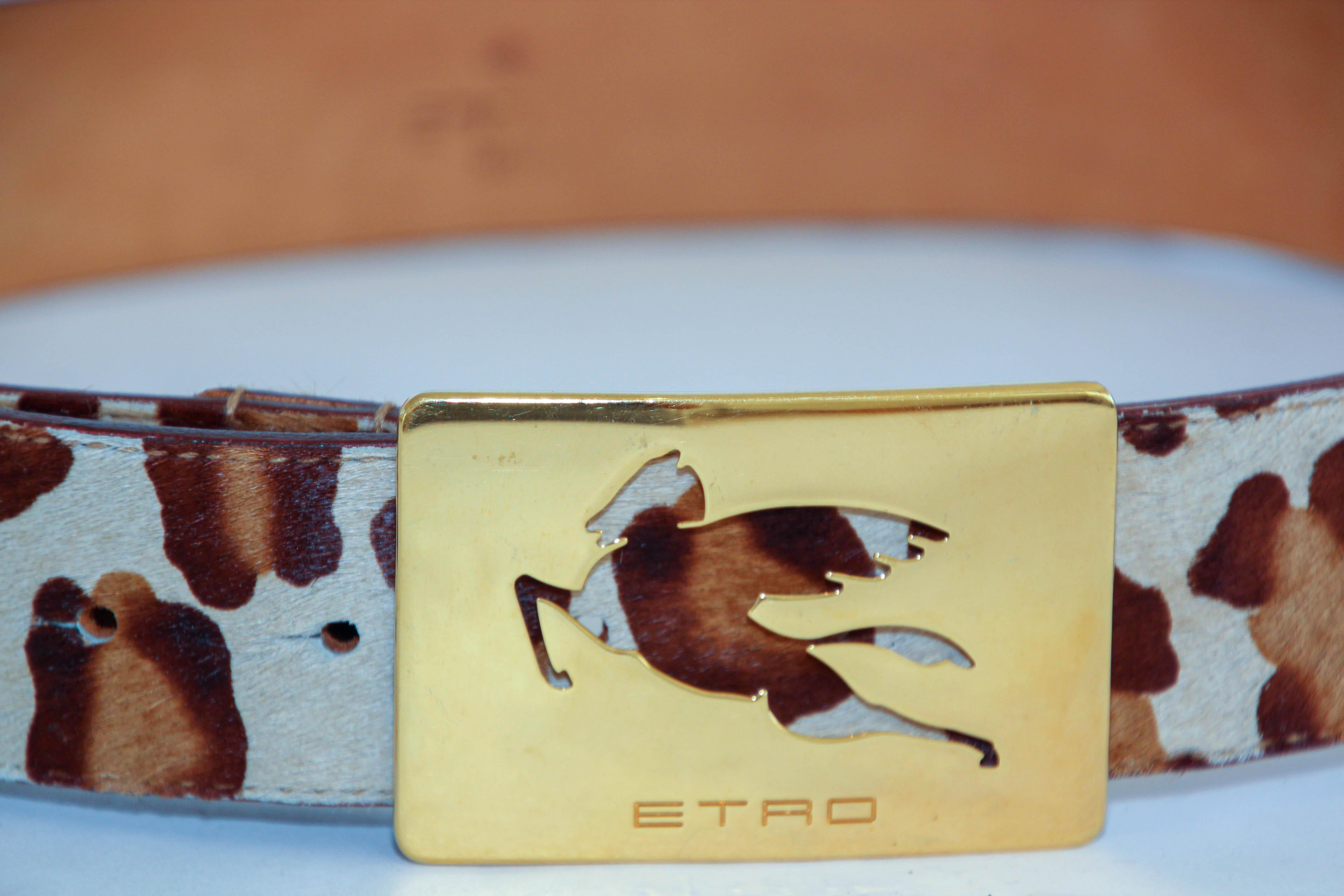 Women's or Men's ETRO Leopard-Print Leather Belt with the Iconic Pegaso Brass Buckle For Sale