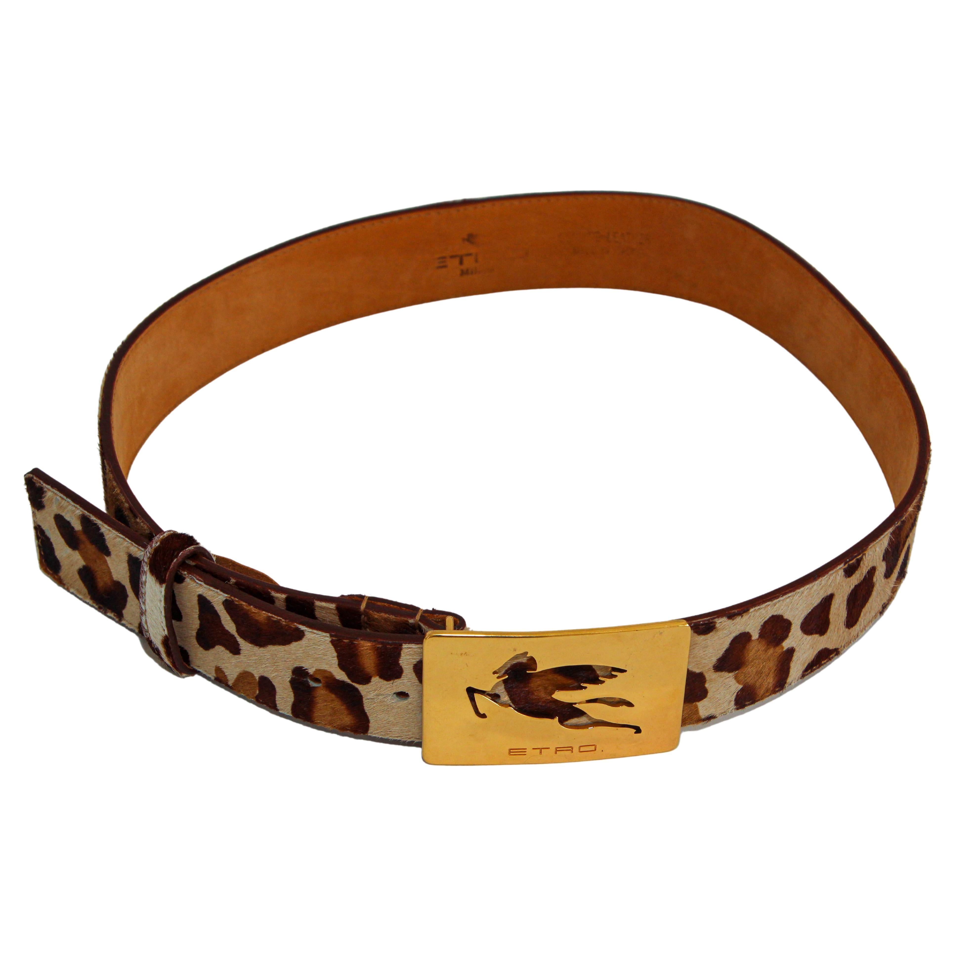 ETRO Ceinture en cuir imprimé léopard avec boucle en laiton emblématique de Pegaso en vente