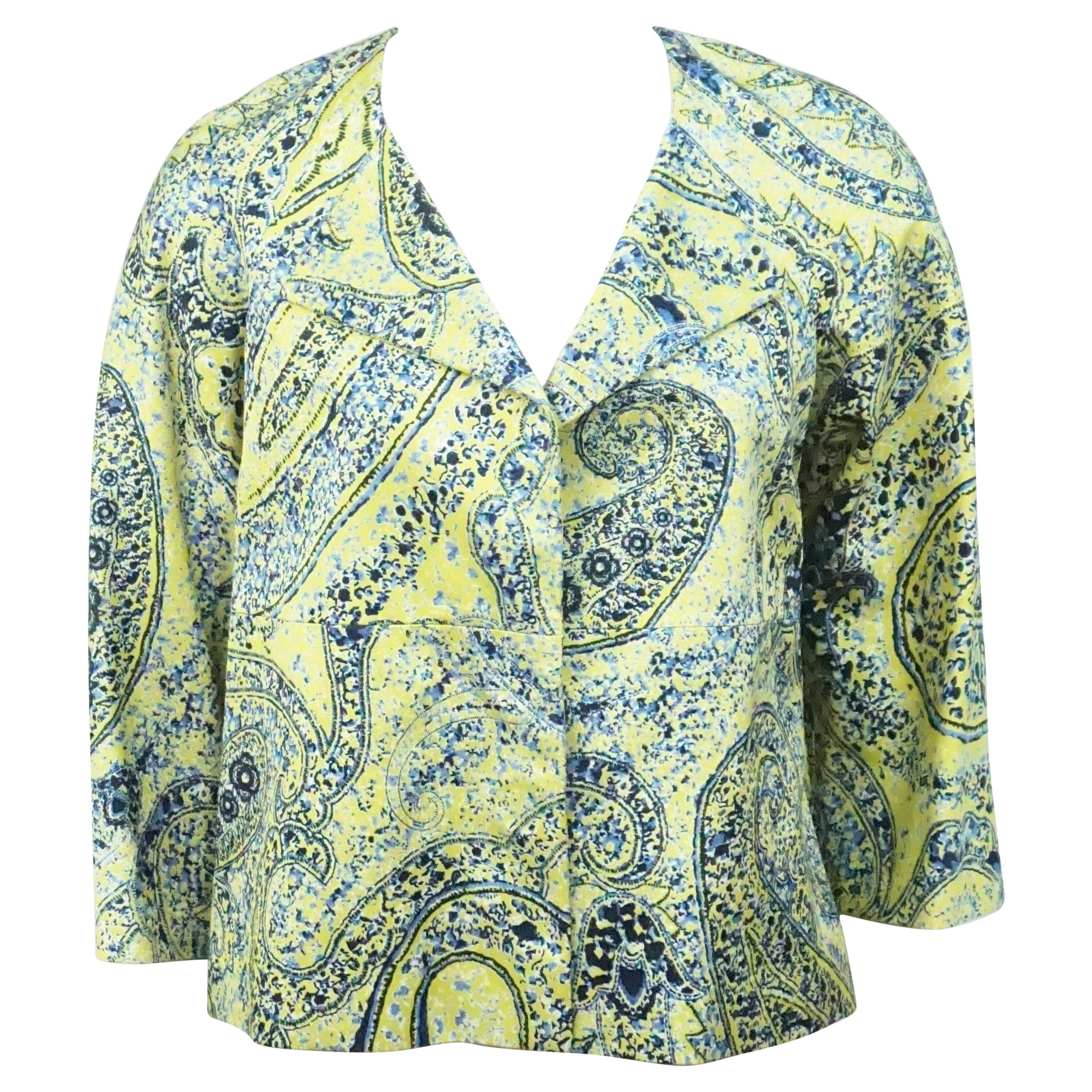 Etro Lime Green and Blue Silk Print Jacket - 38 For Sale