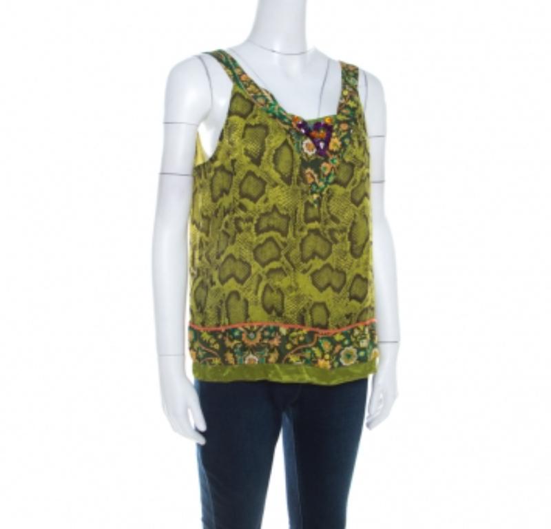 Etro - Top senza maniche in seta con stampa a pelle di serpente verde lime - I.L.A. in vendita 1