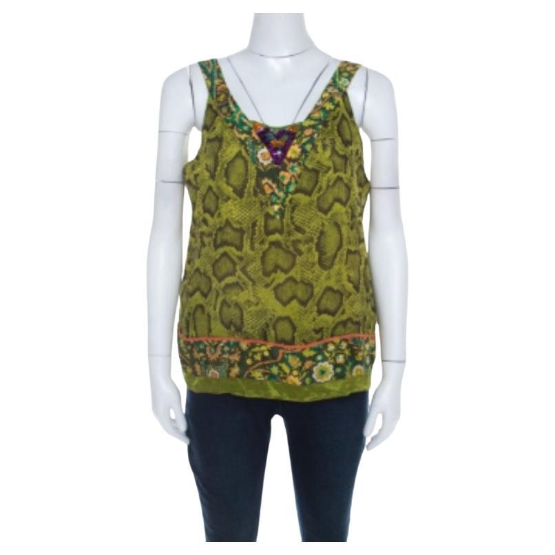 Etro - Top senza maniche in seta con stampa a pelle di serpente verde lime - I.L.A. in vendita