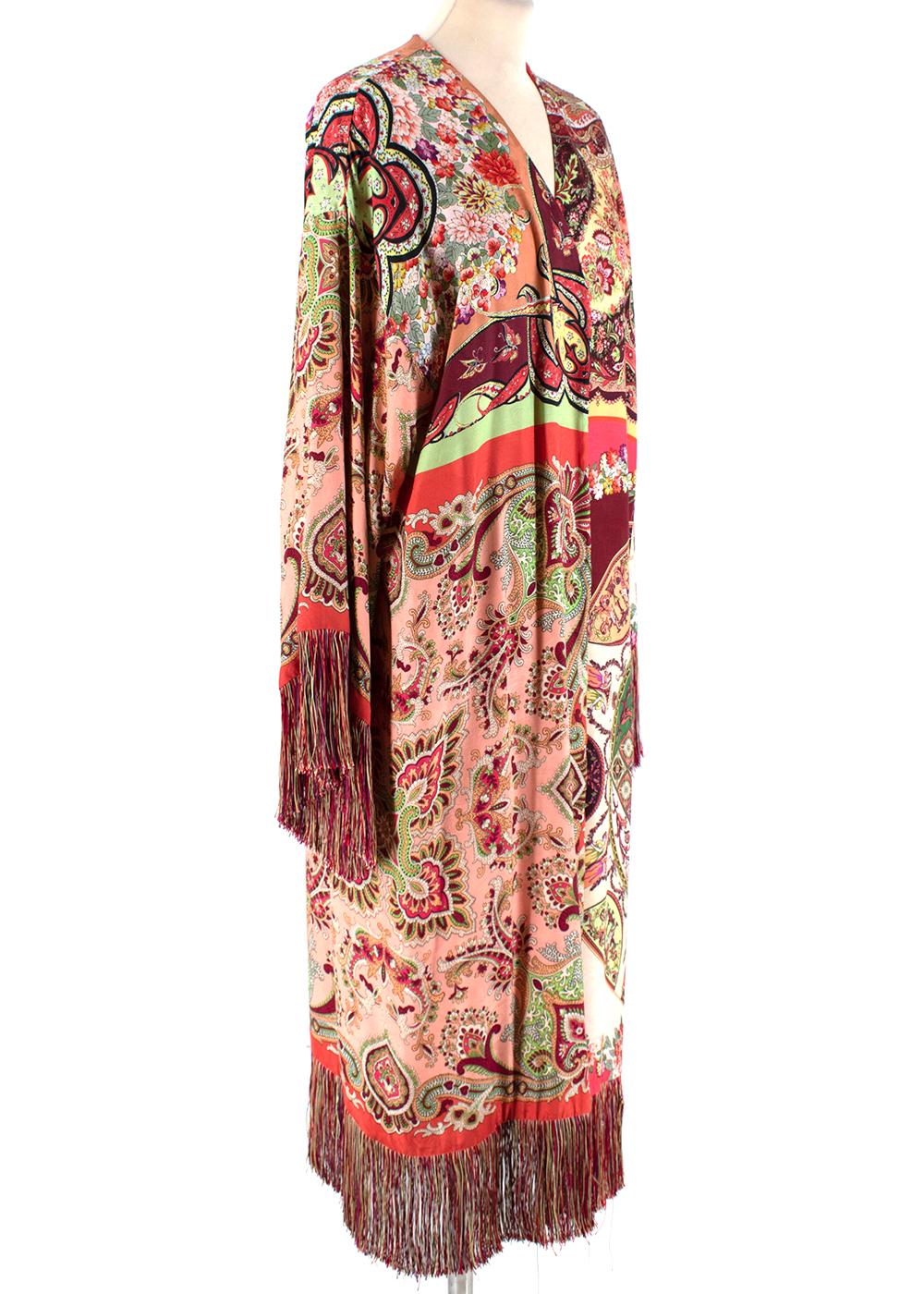 Etro Long Multi-Coloured Paisley Pattern Cardigan 

- Multi-coloured paisley print
- Wide sleeves
- Fringing on sleeves and bottom hem
- Silk lining
- Loose fit 

Materials:
Exterior
- 85% Viscose 
- 35% Silk.

Interior
- 100% Silk.

Dry Clean