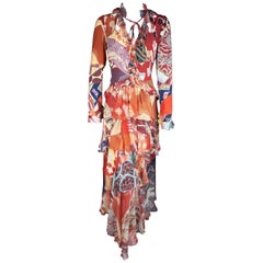 Etro Runway Long Sleeve Multicolor Print Silk Tiered Ruffle Dress Size 42
