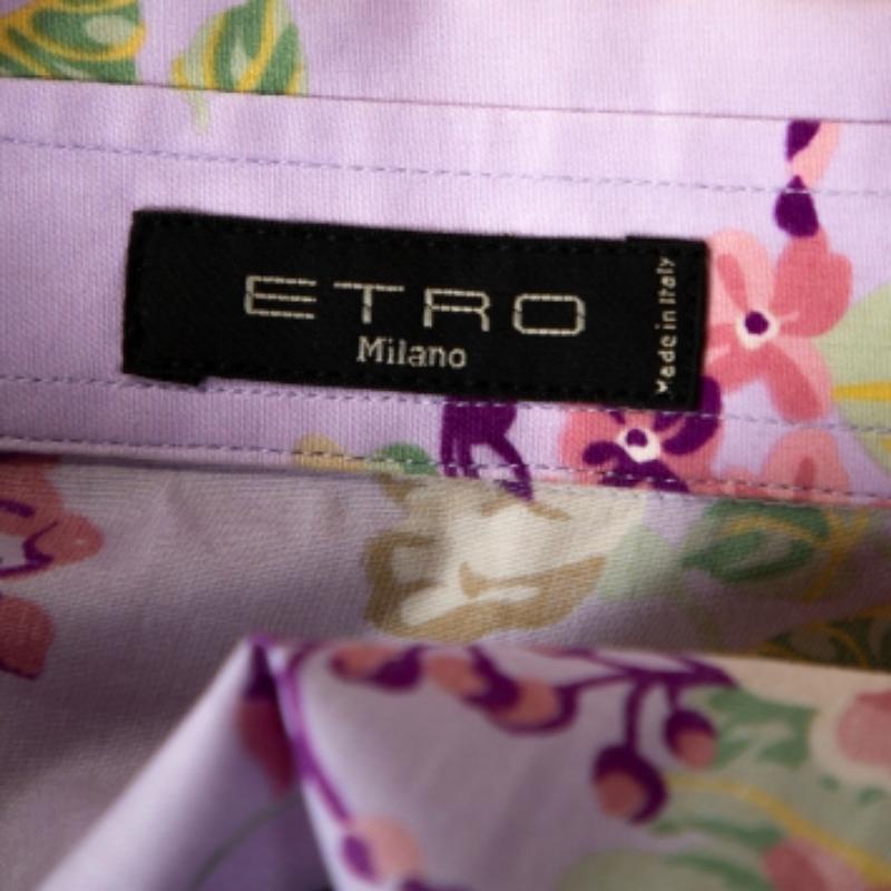 Etro - Camicia aderente in cotone con stampa floreale color malva - L.L.A. in vendita 1