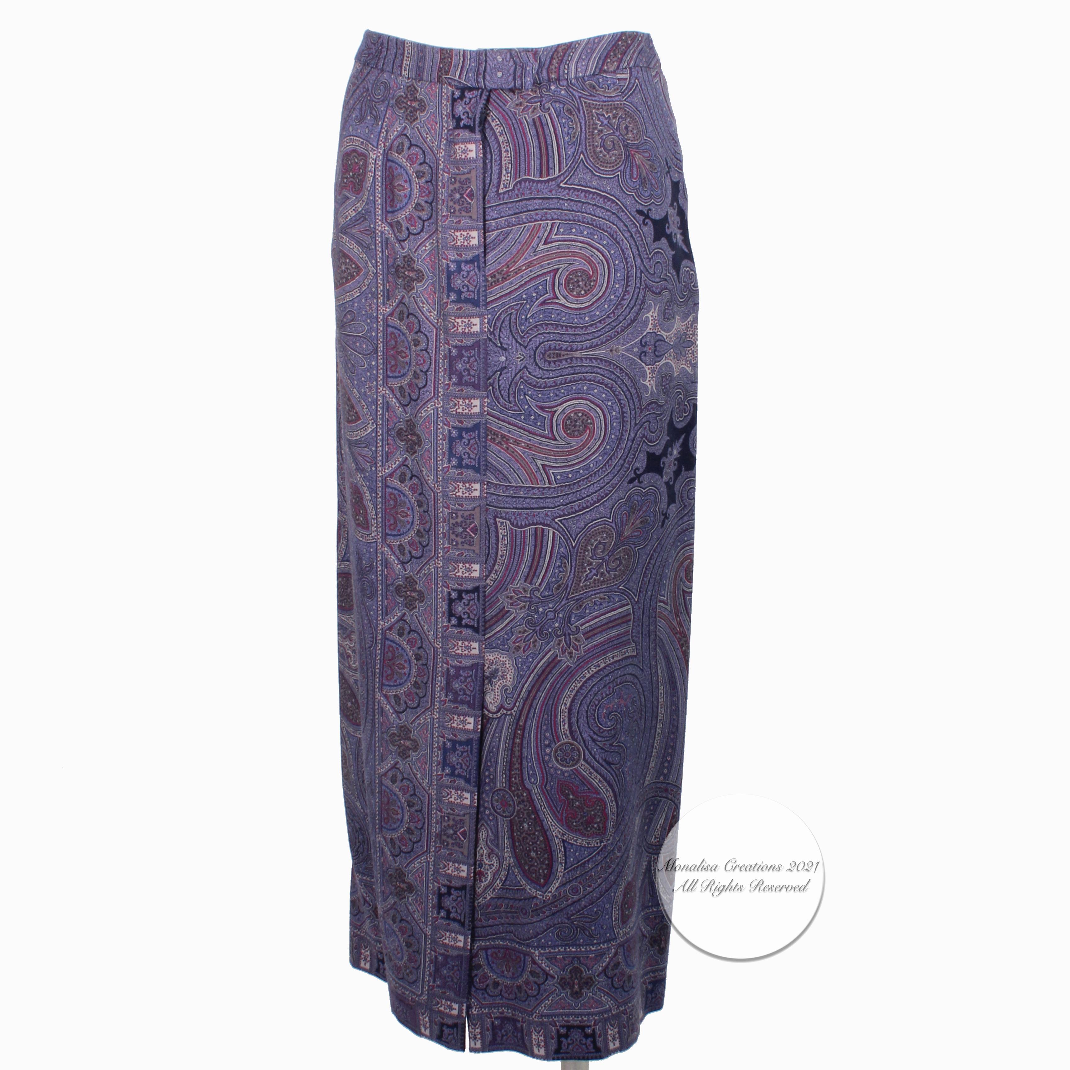 Fabulous wool and silk blend paisley skirt by Etro, made in Italy.  Made from a super soft wool and silk knit, it features a blue and violet paisley print with a 13in front vent. A soft, comfortable and incredibly chic fashion staple that can be