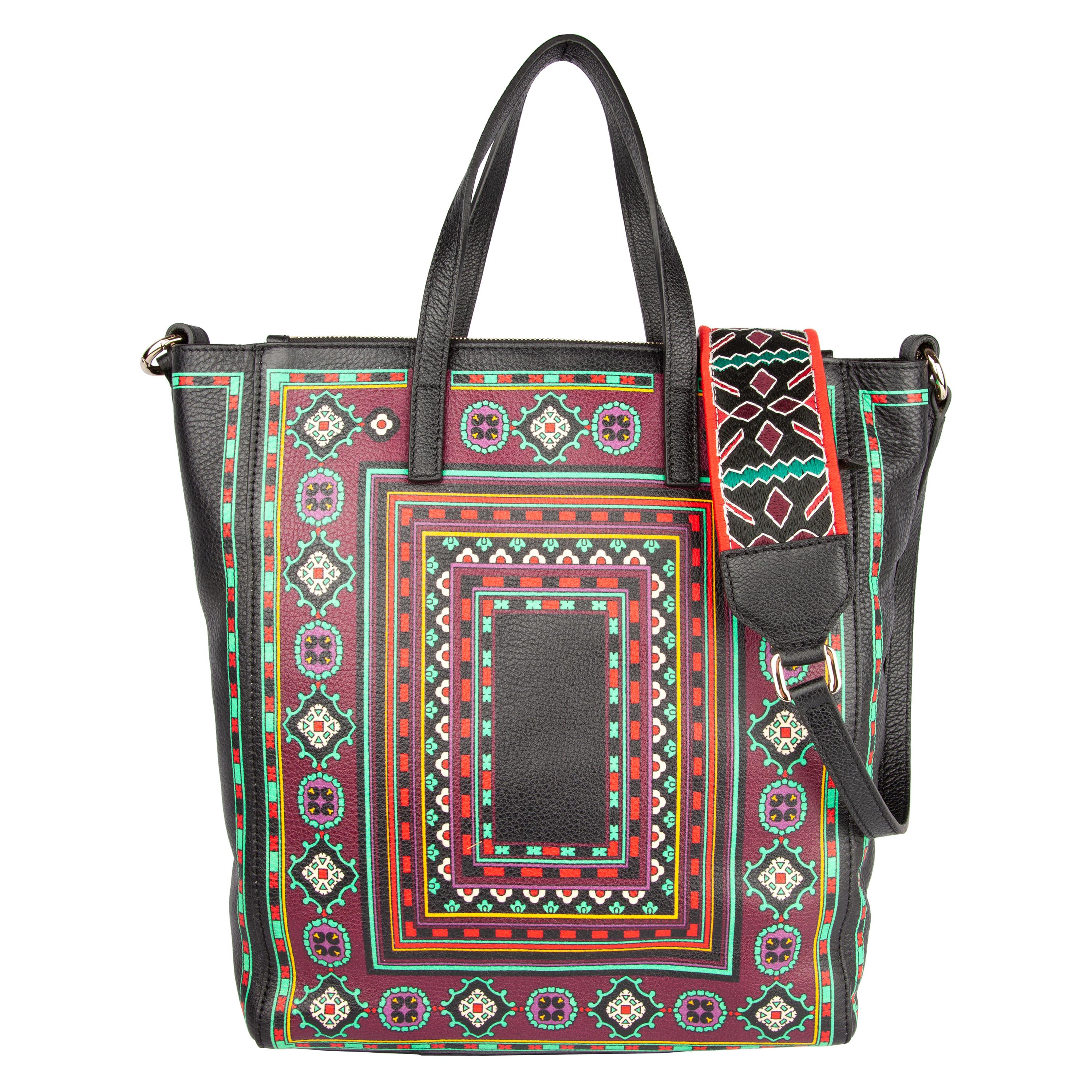 Etro Medium Southwestern Print Leather Shopping Tote with Embroidered Strap
