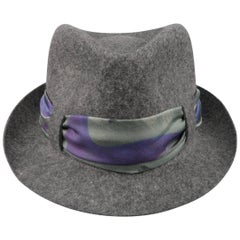 Etro Men's Dark Heather Gray Wool Silk Printed Sash Fedora