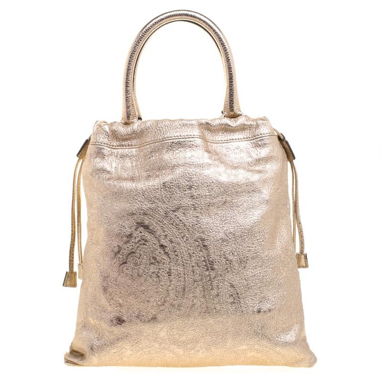 Etro Metallic Gold Paisley Embossed Leather Tote For Sale at 1stDibs