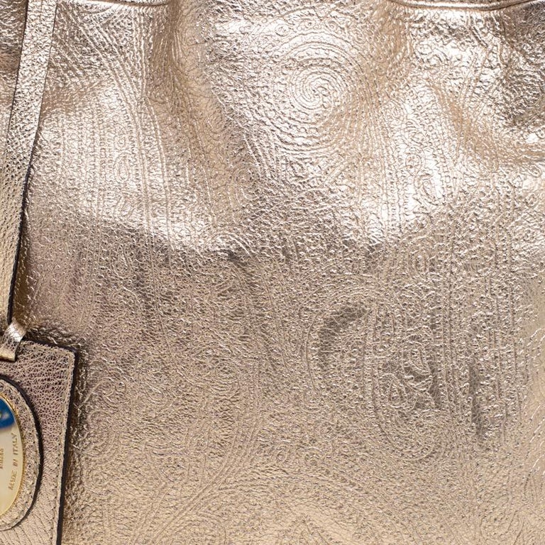 Etro Metallic Gold Paisley Embossed Leather Tote For Sale at 1stDibs