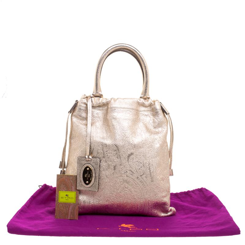 Etro Metallic Gold Paisley Embossed Leather Tote 5