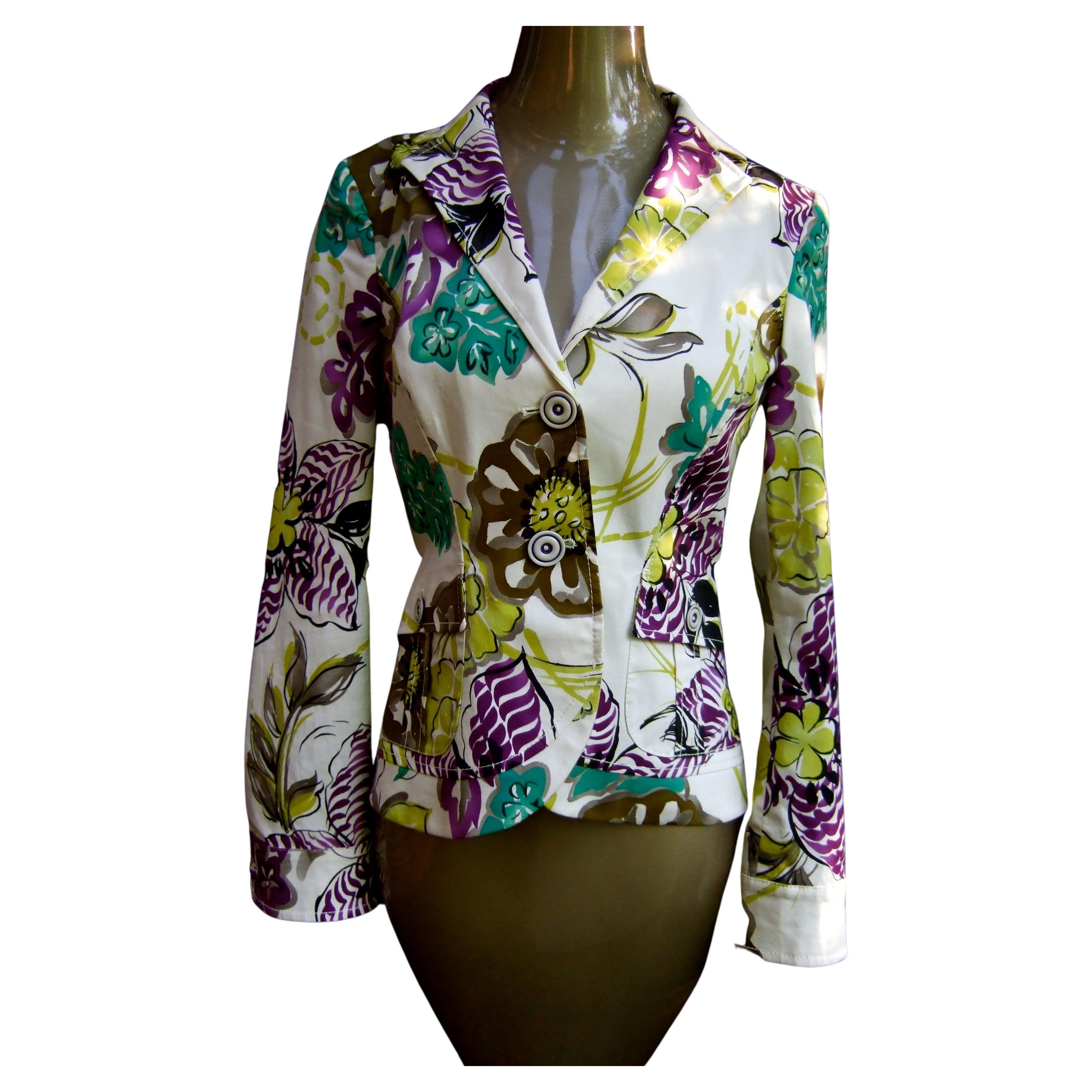 Etro Milano Crisp Vibrant Floral Print Cotton Jacket Size 42  21st c  For Sale