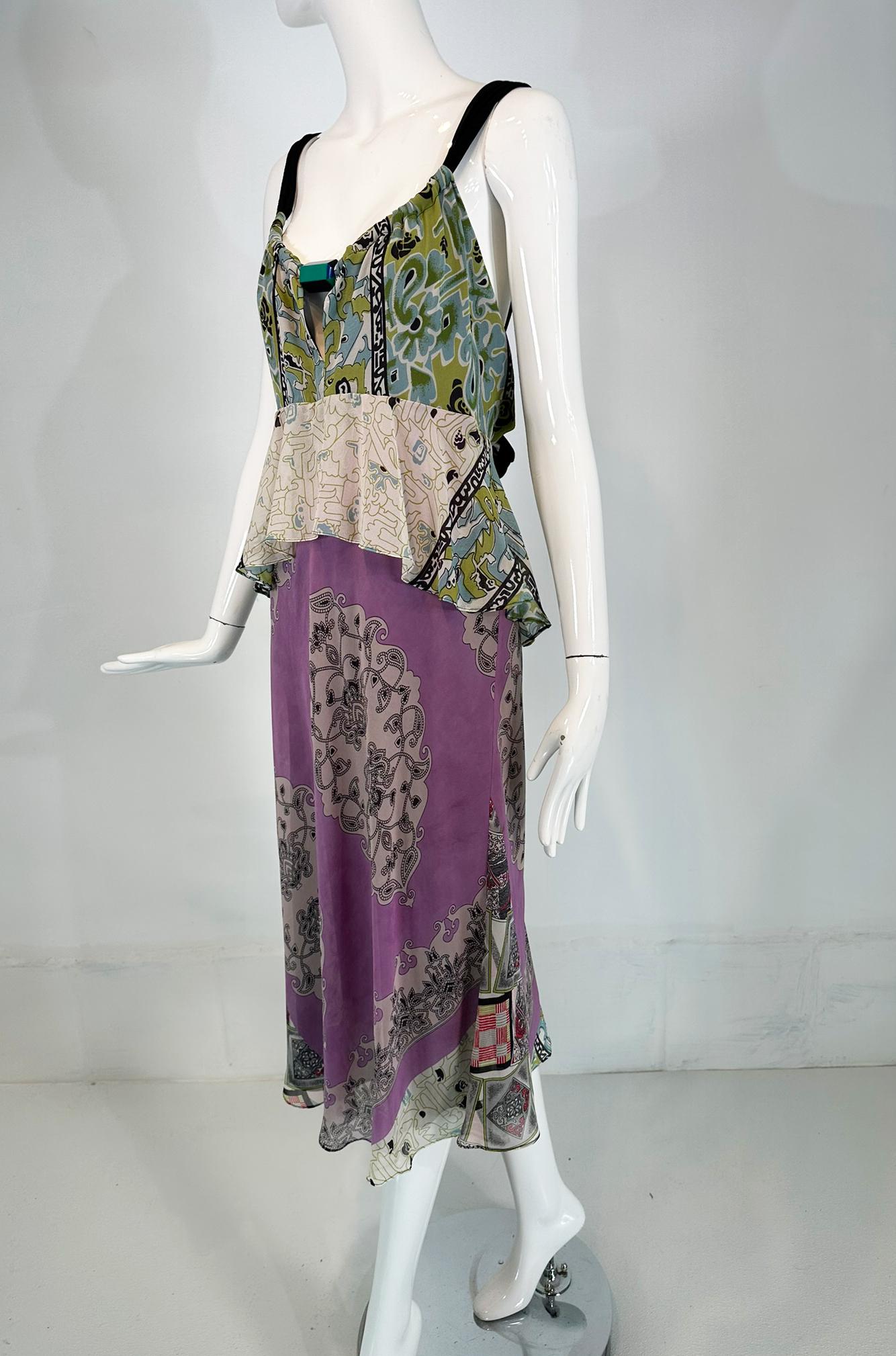 Etro Mix Print Silk Chiffon Peplum Slip Dress with Acrylic Bauble Bodice 44 For Sale 7