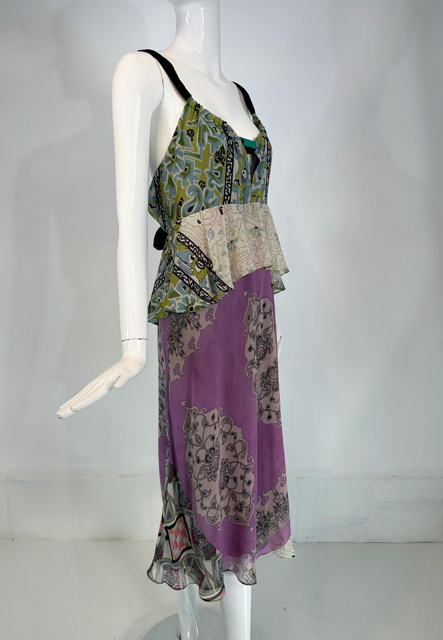 Etro mix print silk chiffon, peplum slip dress with acrylic/resin bauble bodice. Marked size 44.  Scoop neckline dress with a single colorful acrylic/resin bauble at the center front vent, a wide black chiffon ribbon runs through a casing at the