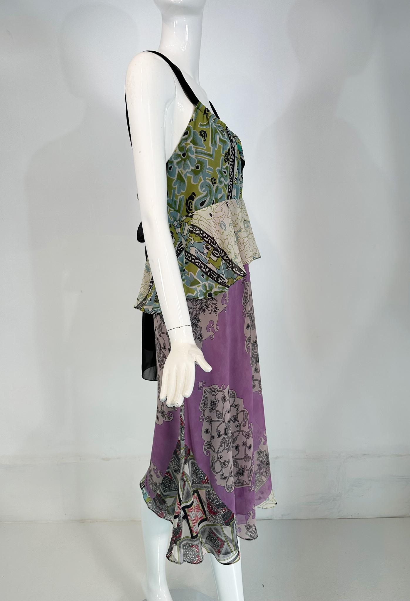 Gray Etro Mix Print Silk Chiffon Peplum Slip Dress with Acrylic Bauble Bodice 44 For Sale
