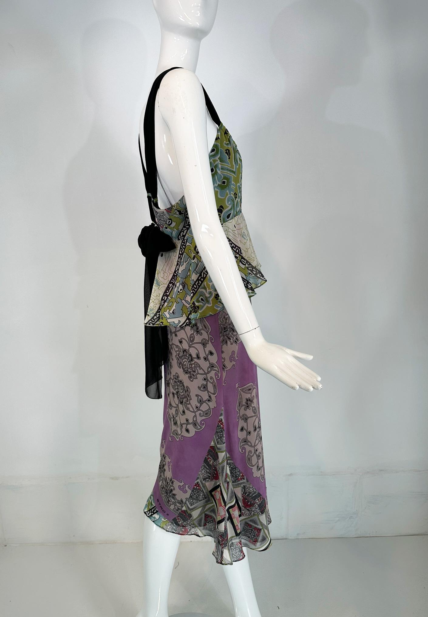 Etro Mix Print Silk Chiffon Peplum Slip Dress with Acrylic Bauble Bodice 44 In Good Condition For Sale In West Palm Beach, FL