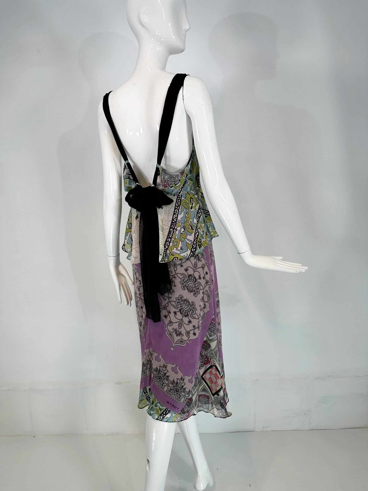 Etro Mix Print Silk Chiffon Peplum Slip Dress with Acrylic Bauble Bodice 44 For Sale 1