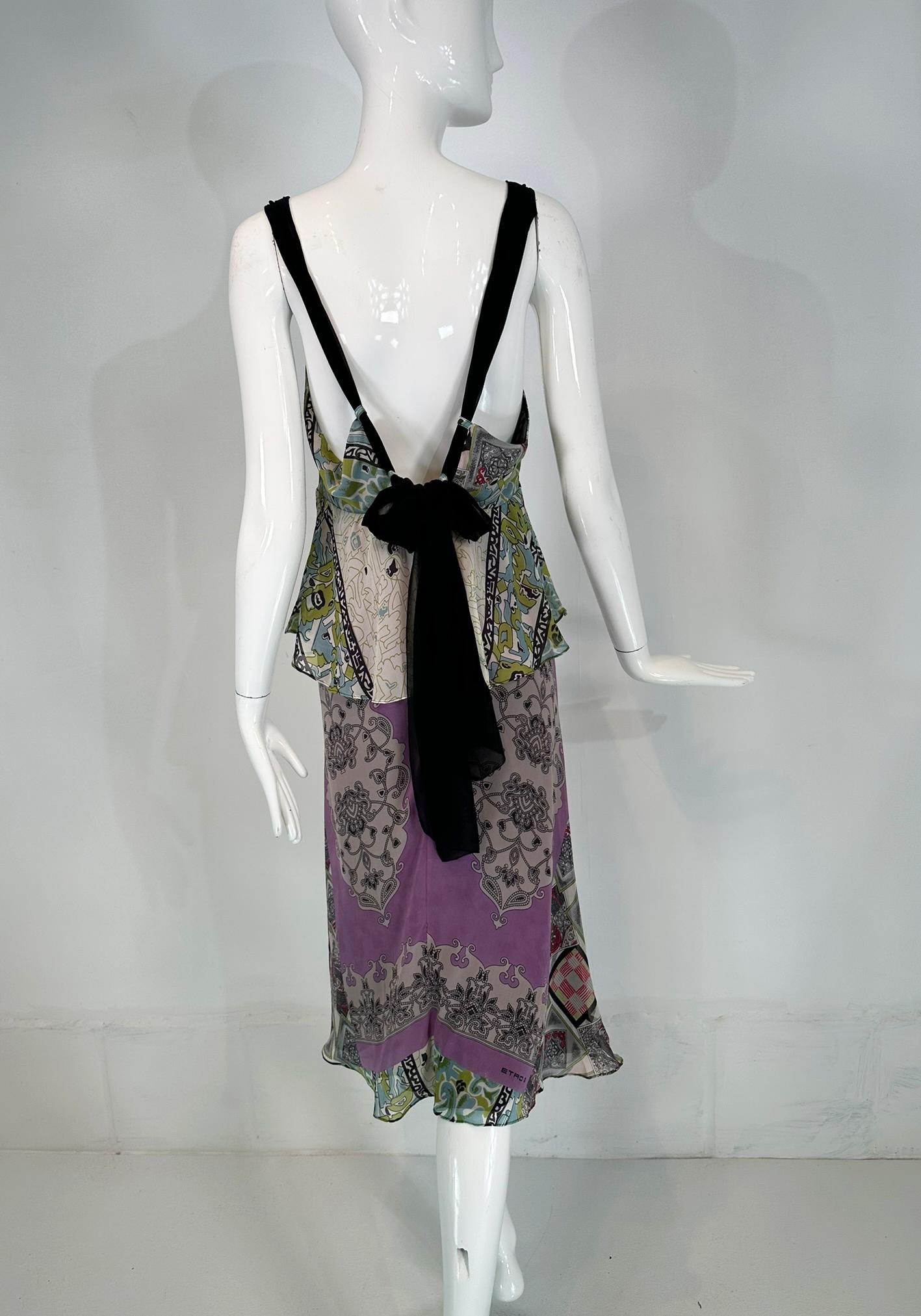 Etro Mix Print Silk Chiffon Peplum Slip Dress with Acrylic Bauble Bodice 44 For Sale 2