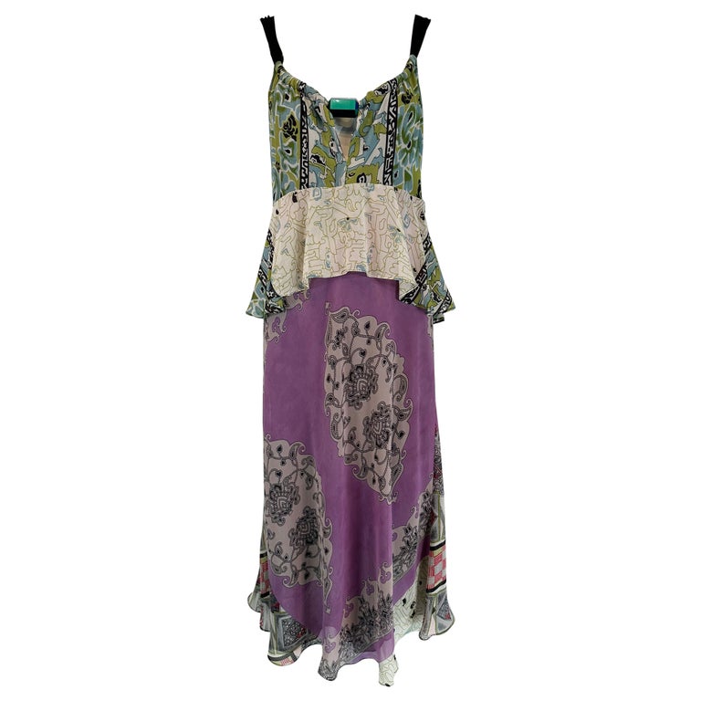 Etro Mix Print Silk Chiffon Peplum Slip Dress with Acrylic Bauble Bodice 44  For Sale at 1stDibs