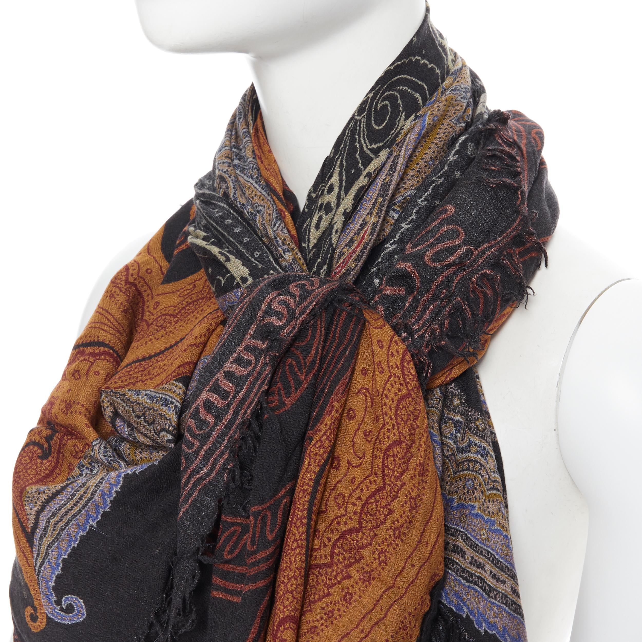 ETRO modal cashmere blend signature paisley print fringe trimmed scarf
Brand: Etro
Model Name / Style: Print scarf
Material: Modal, cashmere
Color: Black
Pattern: Abstract
Extra Detail: Signature Etro paisley print.
Made in: Italy

CONDITION: