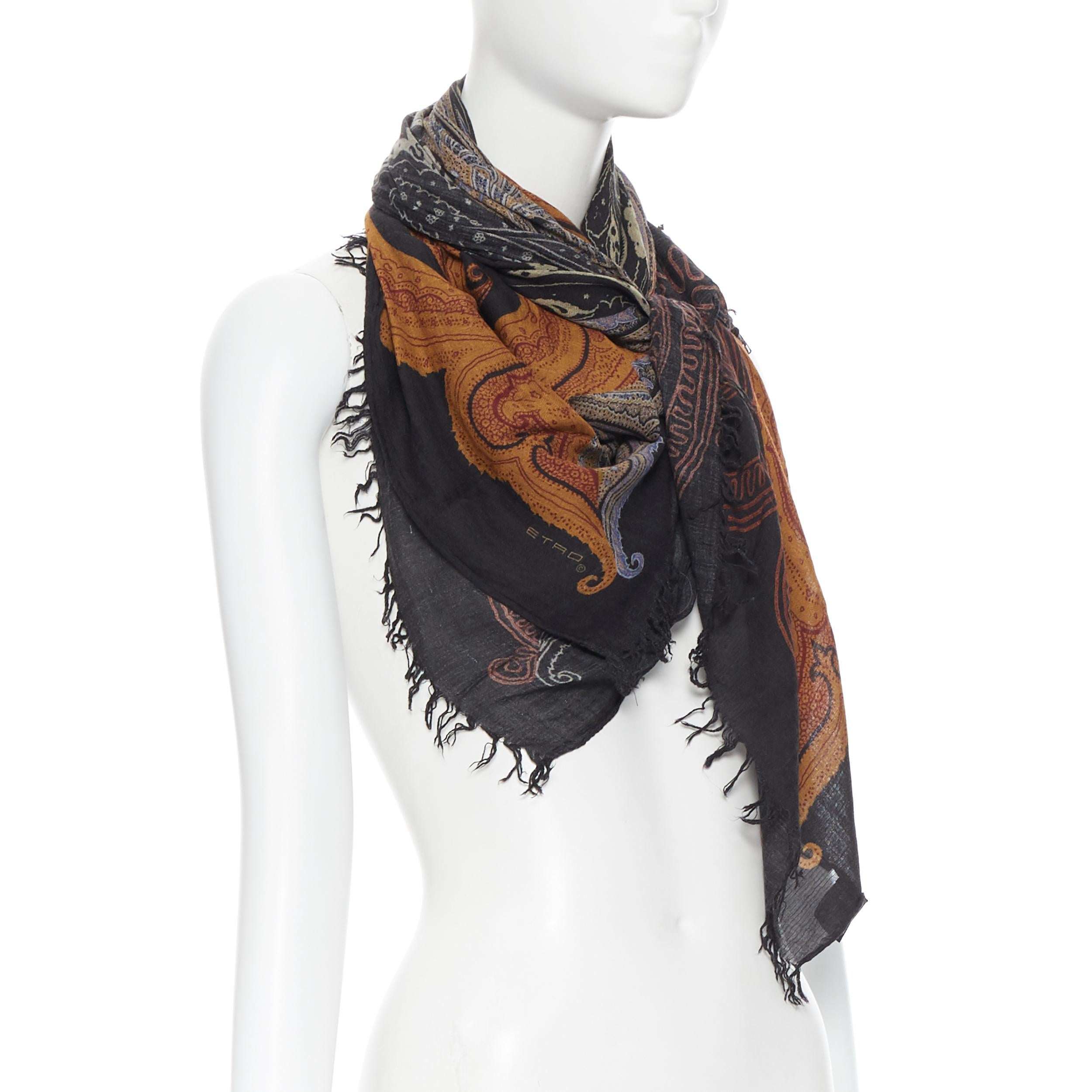 Black ETRO modal cashmere blend signature paisley print fringe trimmed scarf