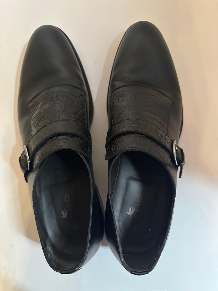 ETRO Monk Strap Glossed Black Leather Shoes size IT 44 Loafers Buckle Paisley Men main image 4