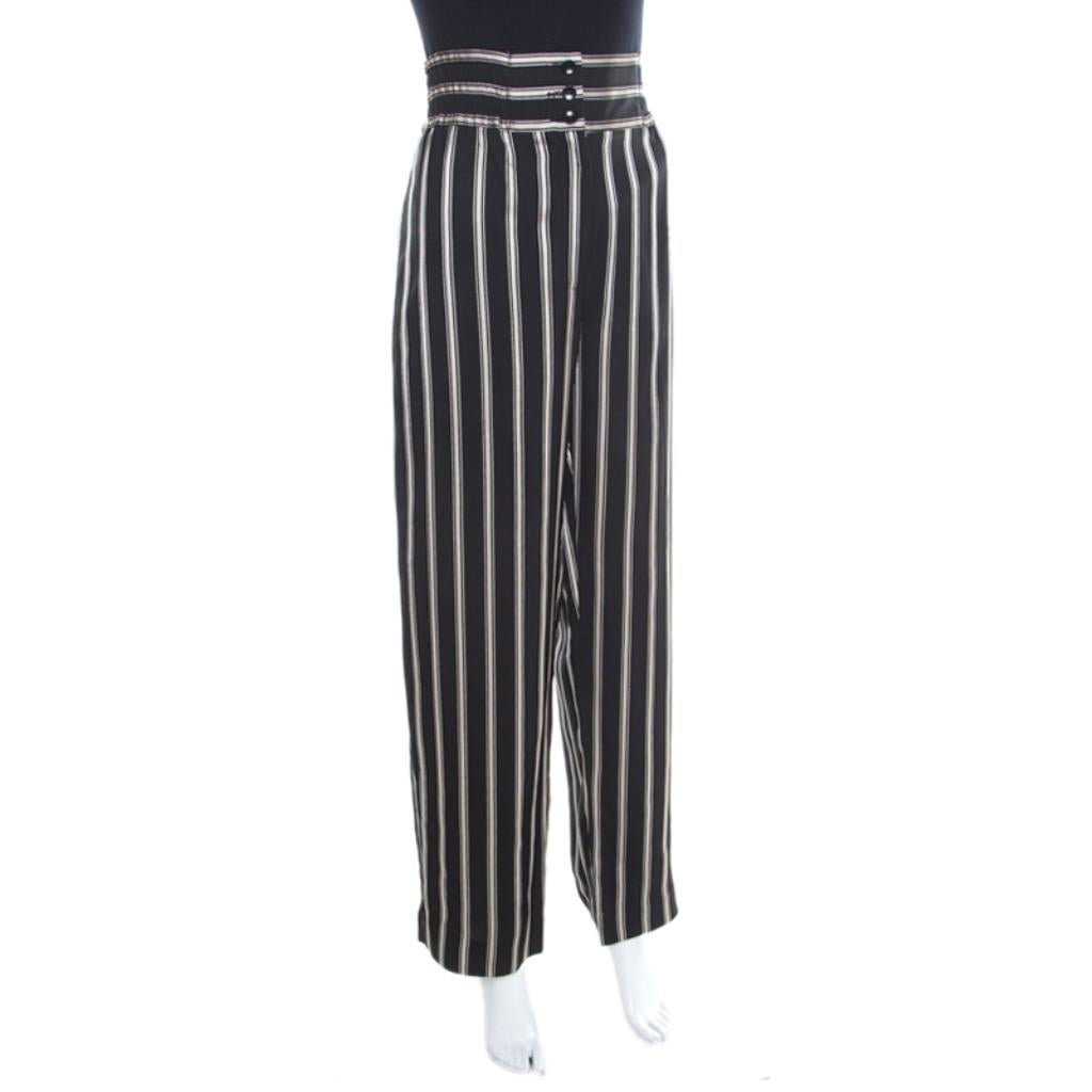 Black Etro Monochrome Striped Twill Elasticized Waist Wide Leg Pants M