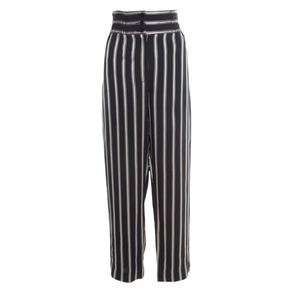 Etro Monochrome Striped Twill Elasticized Waist Wide Leg Pants M