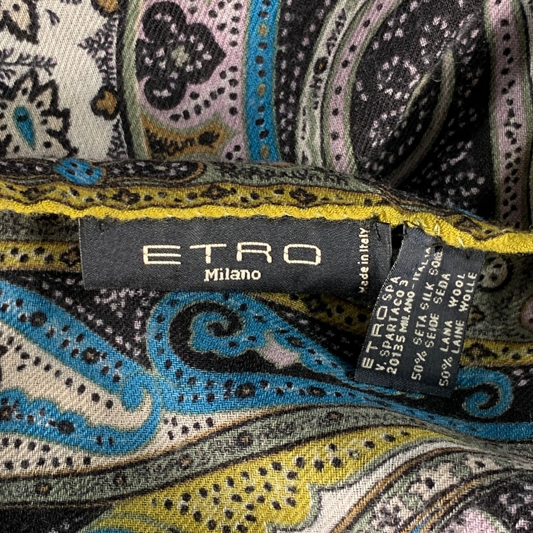 Black ETRO Multi Color Paisley Silk Wool Fringe Scarf